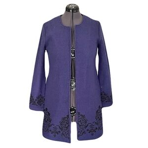 Nanette Lepore Blue Purple Embroidered 100% Boiled Wool Open Duster Coat, Size S